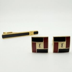 Yves Saint Laurent Gold, Black & Red Enamel Cufflinks And Tie Clip